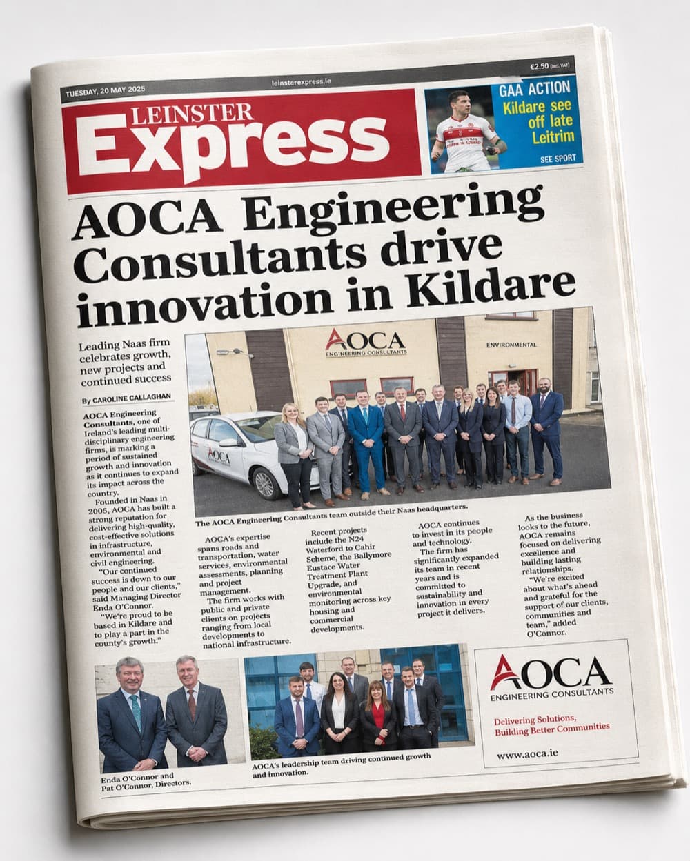 Leinster Express front page featuring AOCA